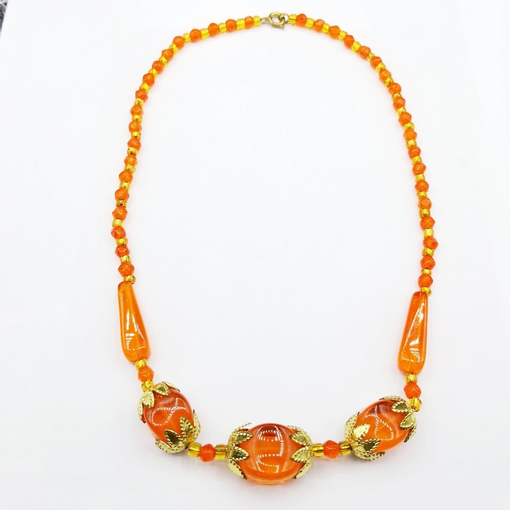 Vintage Orange Czech glass deco beaded necklace - Picture 2 of 7
